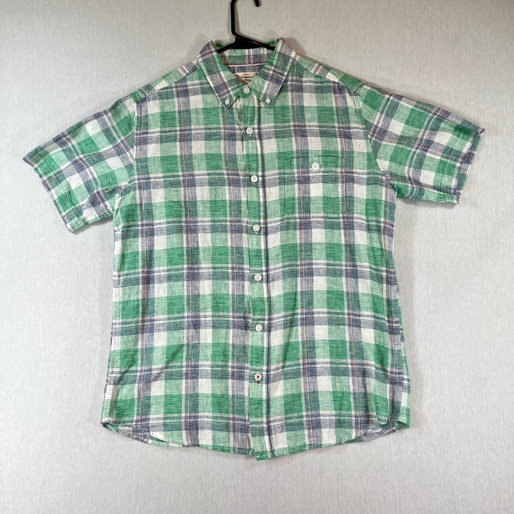 Weatherproof Vintage Mens Medium Green Plaid Linen Blend Short Sleeve Shirt